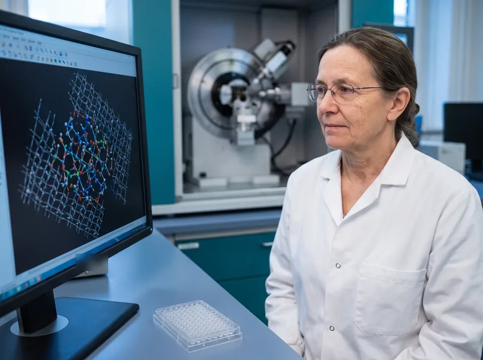 Structural chemist comparing a small molecule crystal structure on screen with a microdilution plate on the bench