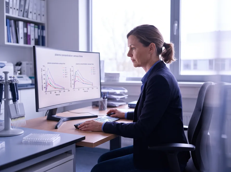 Pharmacokinetics scientist reviewing concentration time curves next to a microdilution plate